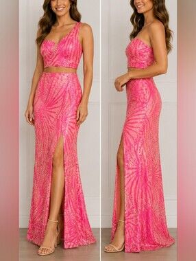Neon Pink Sequin Two Piece Formal Gown Set One Shoulder Mermaid Dress
